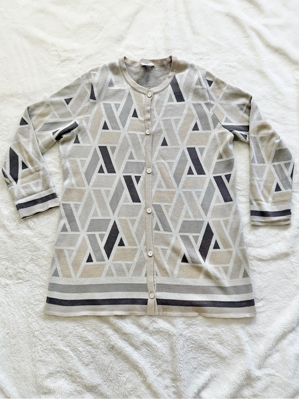 Isaac Mizrahi Duster Cardigan Sweater Geometric Print Taupe Gray Size Large
